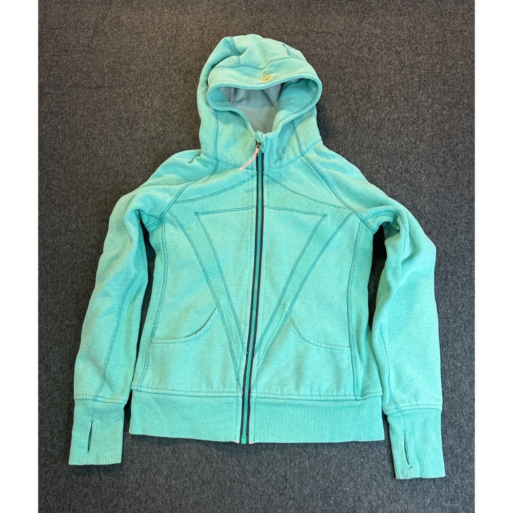 ivivva Girls Lululemon Practice Jacket Teal Full Zip Hoodie Thumbholes Size 14 - Picture 16 of 16